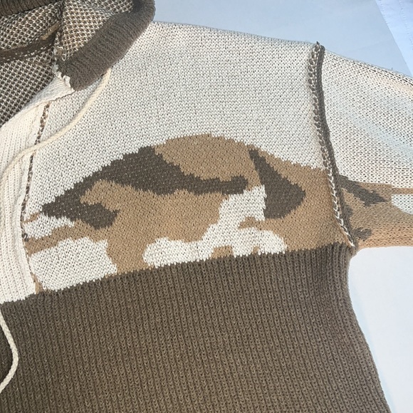 POL Cropped Mixed Knit Hoodie Oversized Cozy Soft ColorBlock Sweater Olive/ivory - Picture 4 of 12